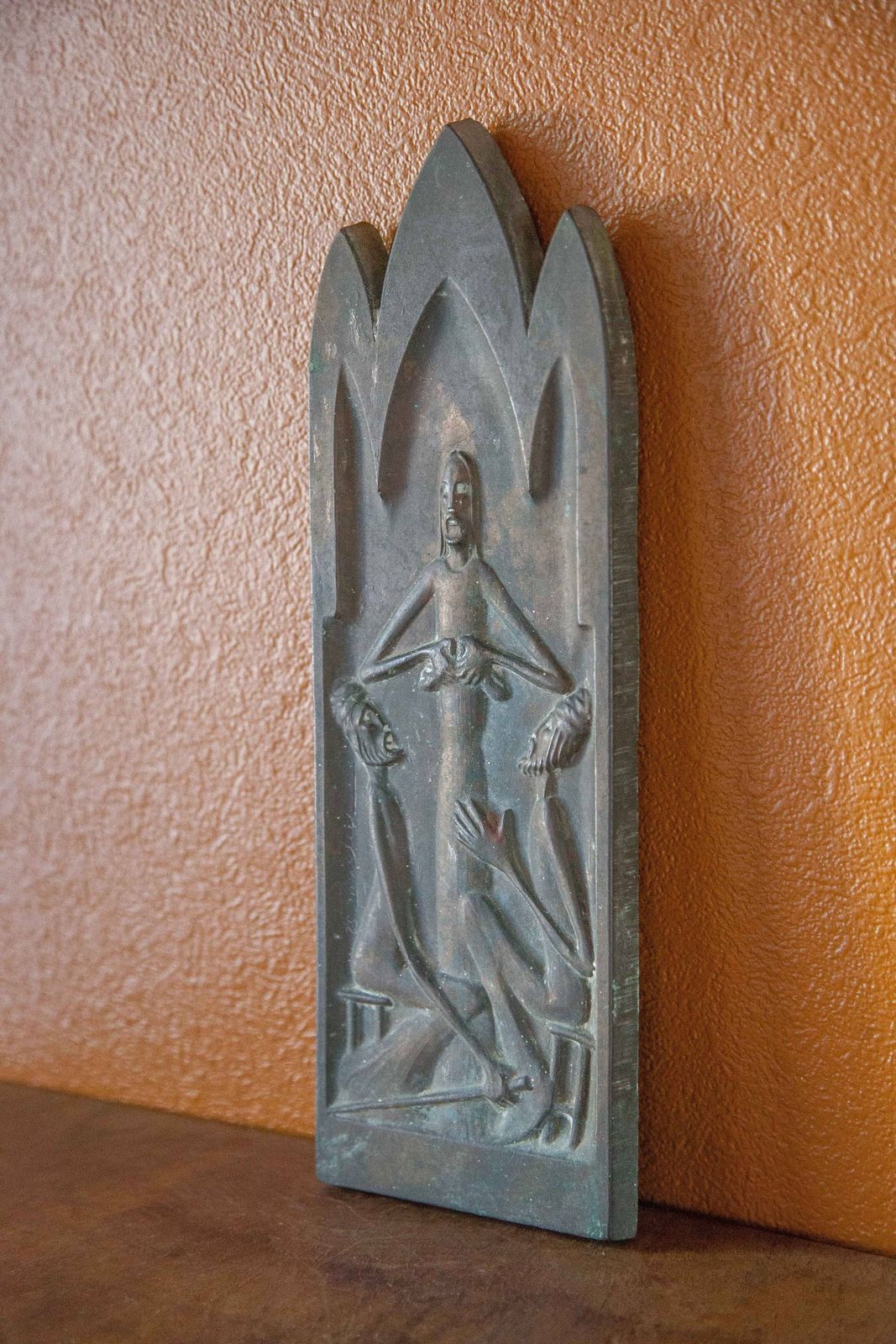 Modernist Religious, Bronze Christ, That Breaks Bread, Signed Plaque, Collection, Decoration, 50's photo for sale
