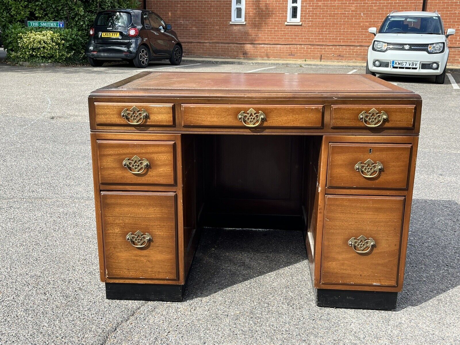 Mahogany Desk, Brass Handles, Panelled Sides & Rear. photo buy