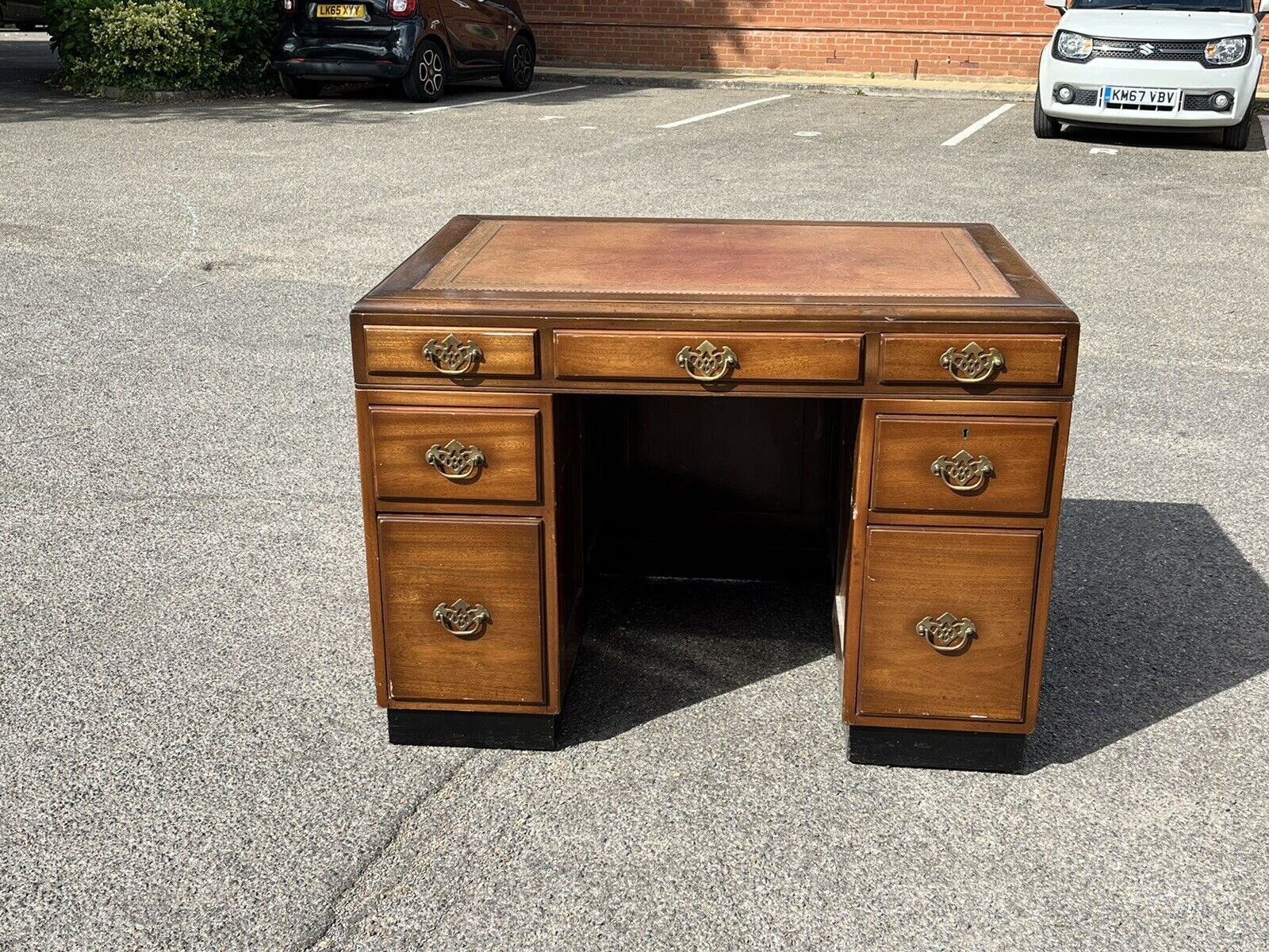 Mahogany Desk, Brass Handles, Panelled Sides & Rear. photo vintage