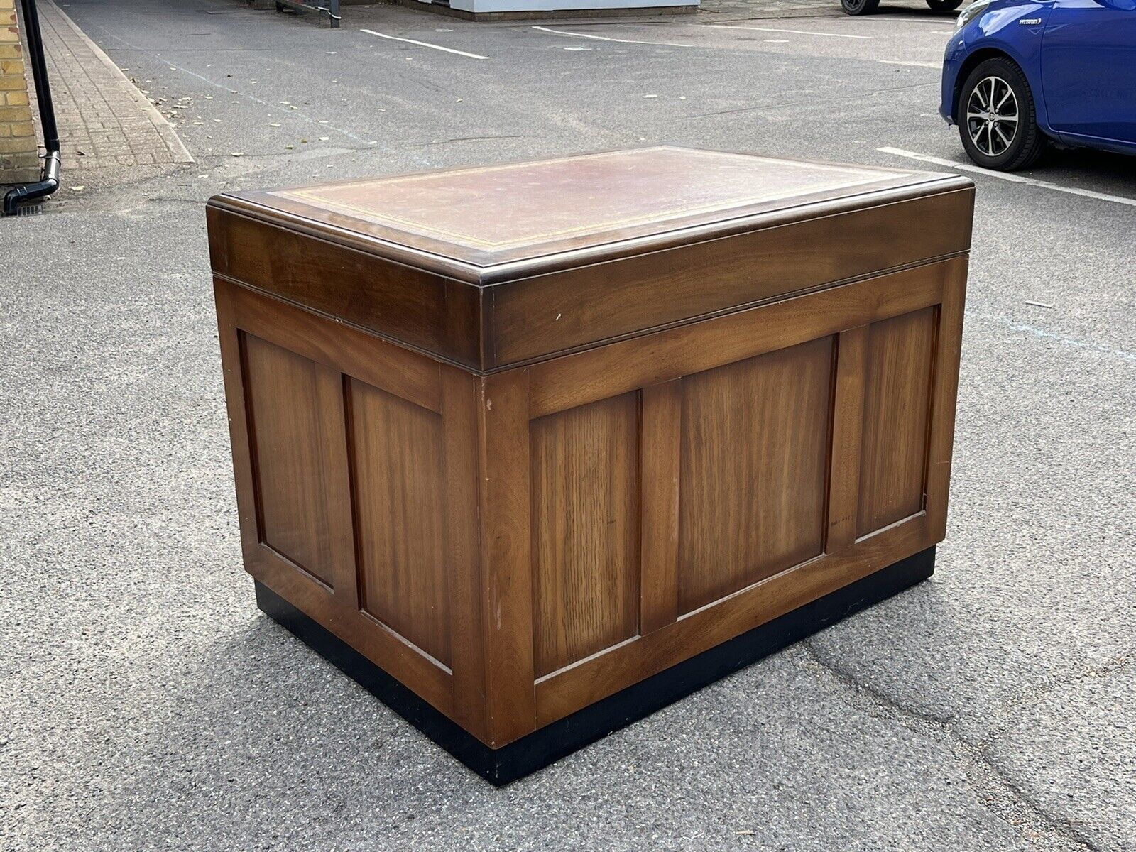 photo for sale Mahogany Desk, Brass Handles, Panelled Sides & Rear.