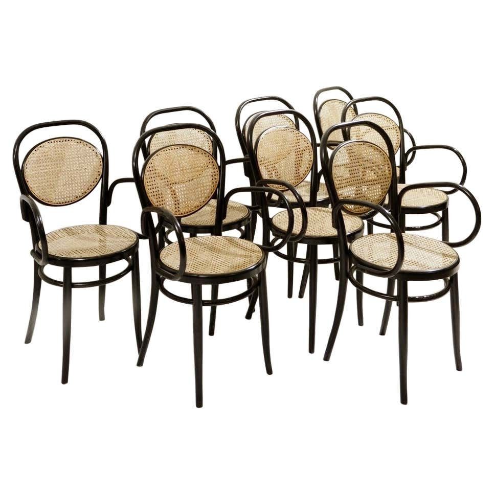 Set Of 8 Thonet Armchairs Model Nr. 15, Black Wood And Cane, 1900s