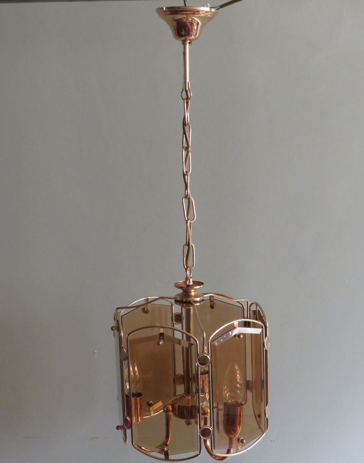 Chandelier With 6 Fumée Glass Cut Panels In Gold Coloured Frame, Belgium 1960 1970 photo for sale