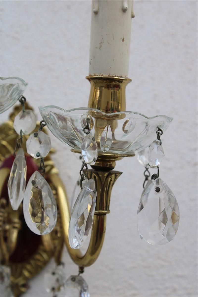 photo vinterior Pair Of Wall Lamps In Brass And Mid Century Italian Crystal Enamels 1950s