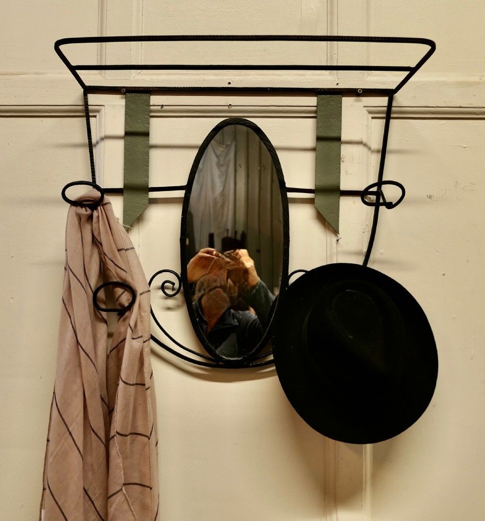 French Retro Chic Iron And Toleware Hat And Coat Rack With Oval Mirror photo 660.0