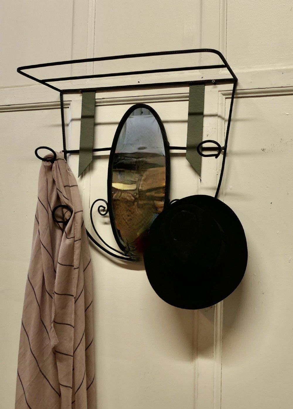 French Retro Chic Iron And Toleware Hat And Coat Rack With Oval Mirror photo vinterior
