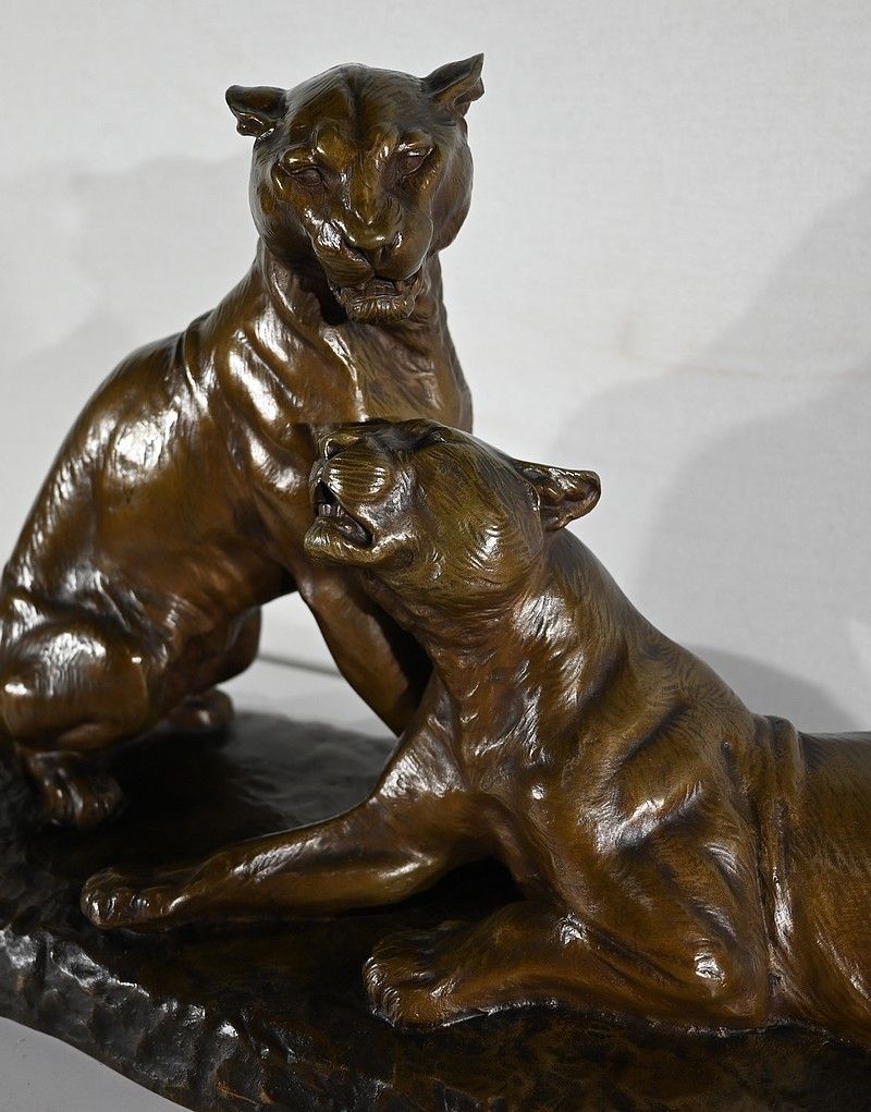 Important Bronze "Couple Of Lionesses", By L. Riché   Early 20th Century photo vintage