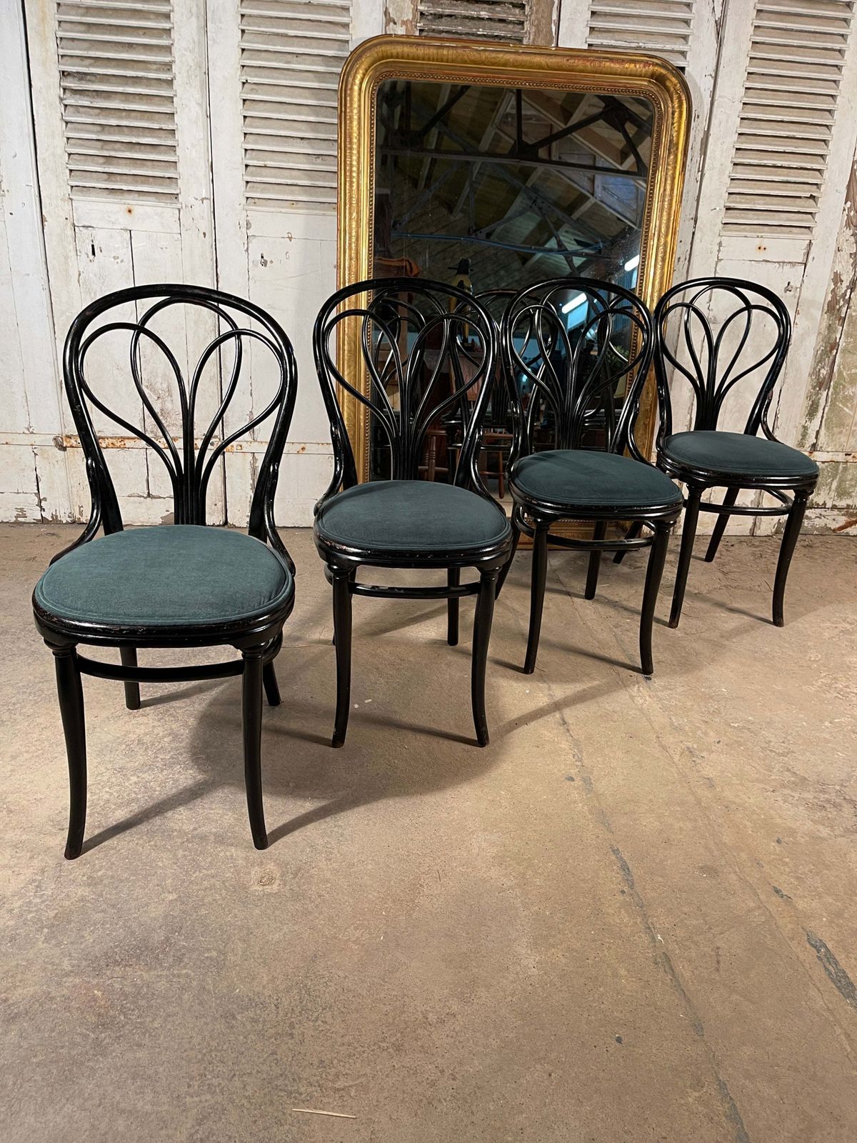 A Rare Set Of Four Original Design Ebonised Antique Thonet Bentwood “Chair 25” Angel Back Dining Chairs Circa 1865