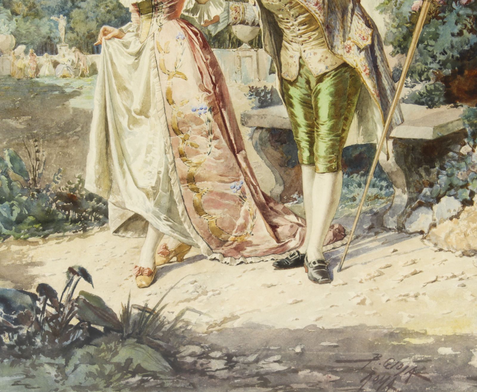 Antique Water Colour  "The Romantic Walk"  By  Belisario Gioja   19th C photo buy