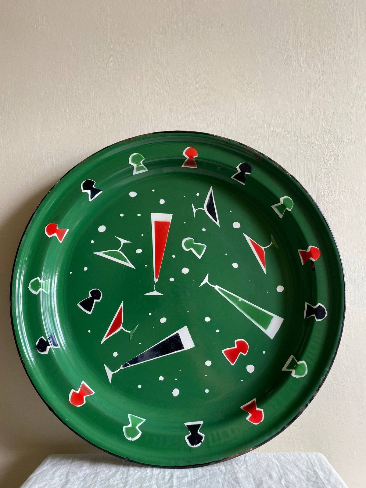 Green Enamel Cocktail Tray Platter With Drinks Party Motifs, Hand Painted Mid Century French Metal Serving Dish Charger C.1970 1970s photo for sale