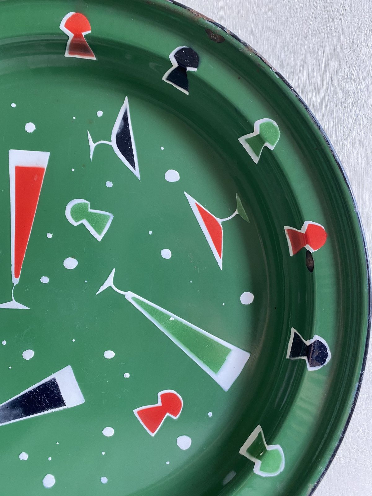Green Enamel Cocktail Tray Platter With Drinks Party Motifs, Hand Painted Mid Century French Metal Serving Dish Charger C.1970 1970s photo Home Decor