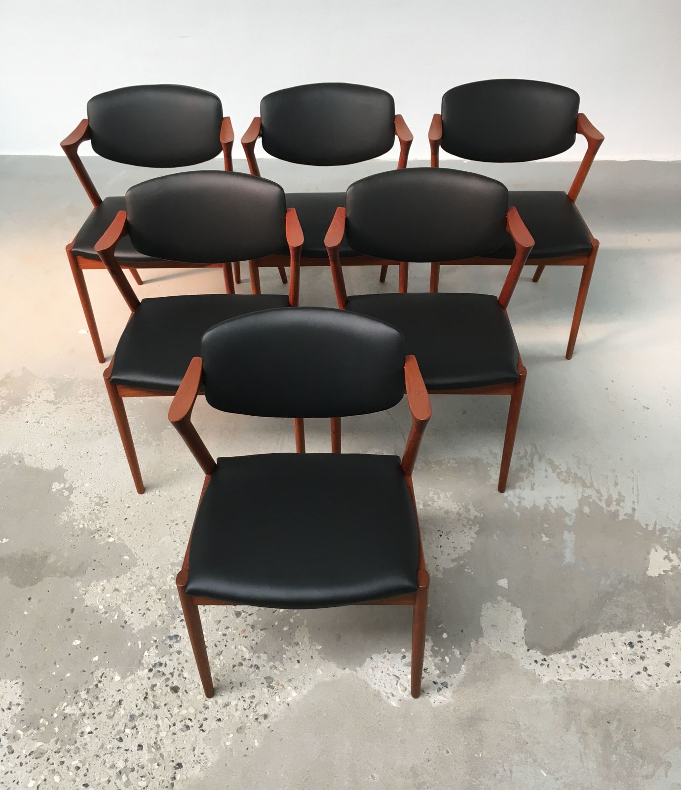 Kai Kristiansen Six Fully Restored Teak Dining Chairs Inc. Custom Reupholstry