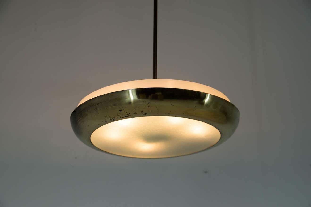 Buhaus / Functionalist Brass Chandelier Ufo, 1930s, Restored photo vinterior