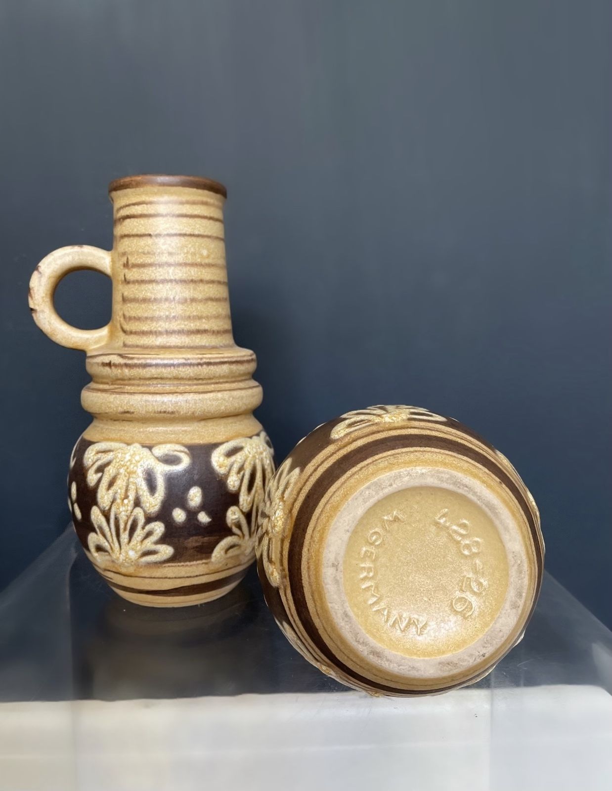 West German Scheurich Medium Handled Vase 428 26: Brown & Cream With Flowers photo furniture