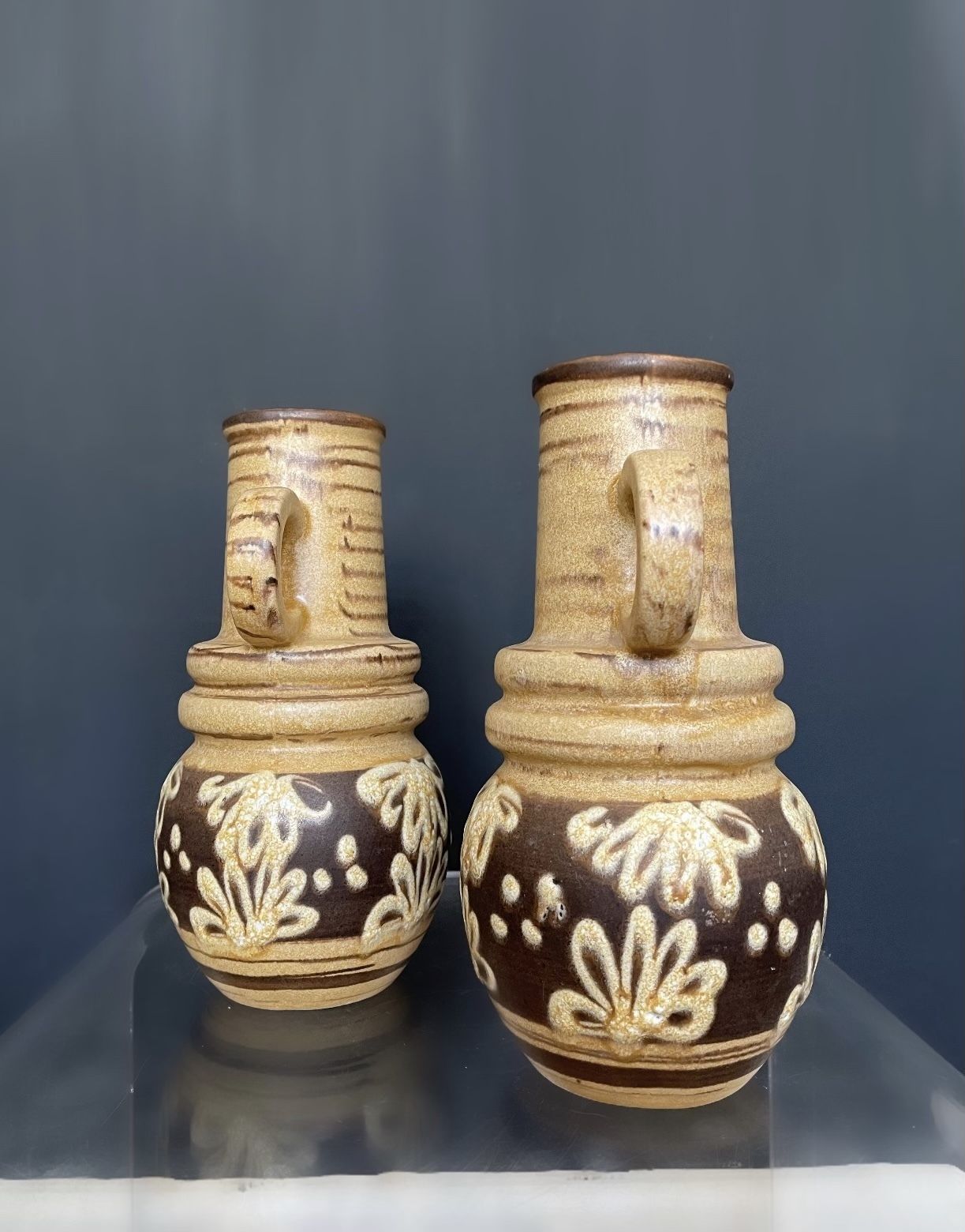West German Scheurich Medium Handled Vase 428 26: Brown & Cream With Flowers photo 100.0