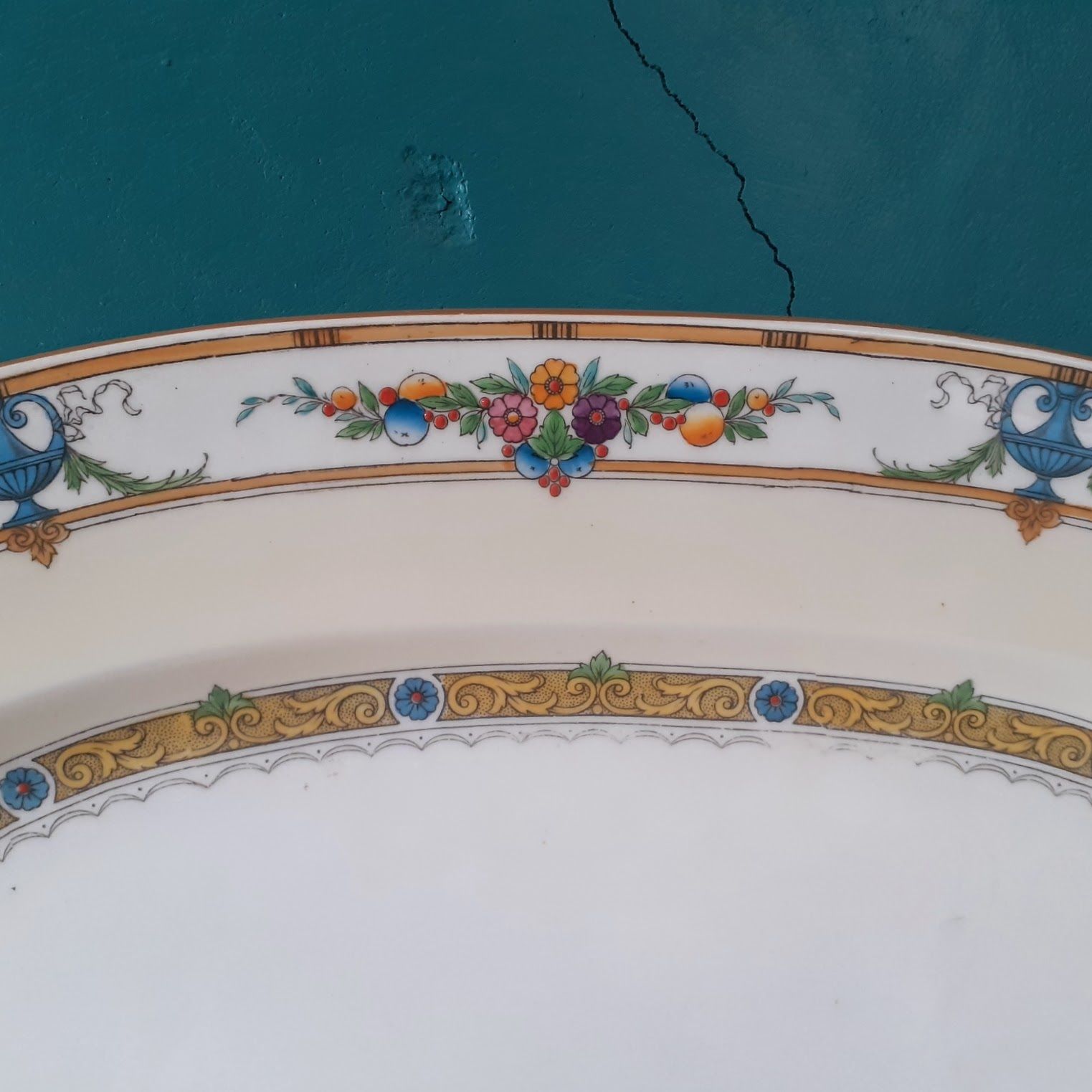 Antique Minton "Helena" Large (18.5") B1056 Platter   Yellow Bone China   Blue Urns And Flowers photo for sale
