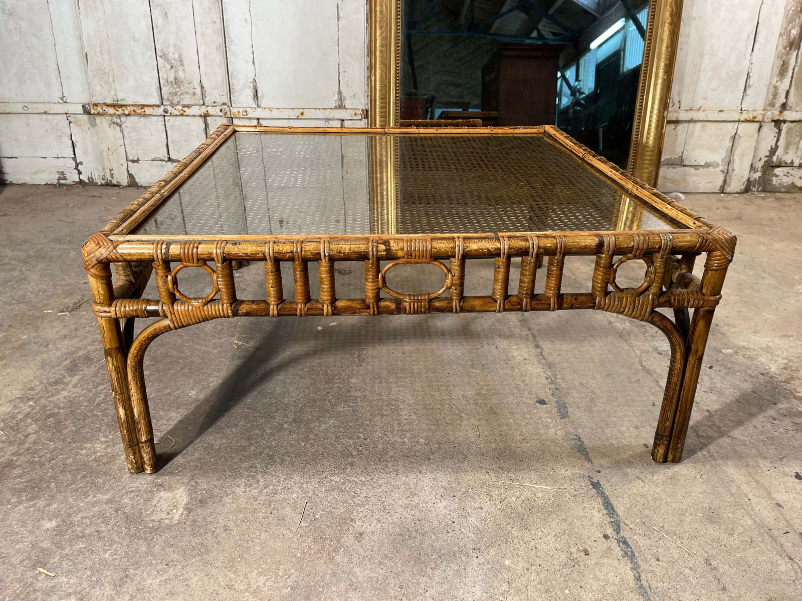 Mid Century Modern Italian Vivai Del Sud Hollywood Regency Bamboo Cane Glass Coffee Table photo for sale