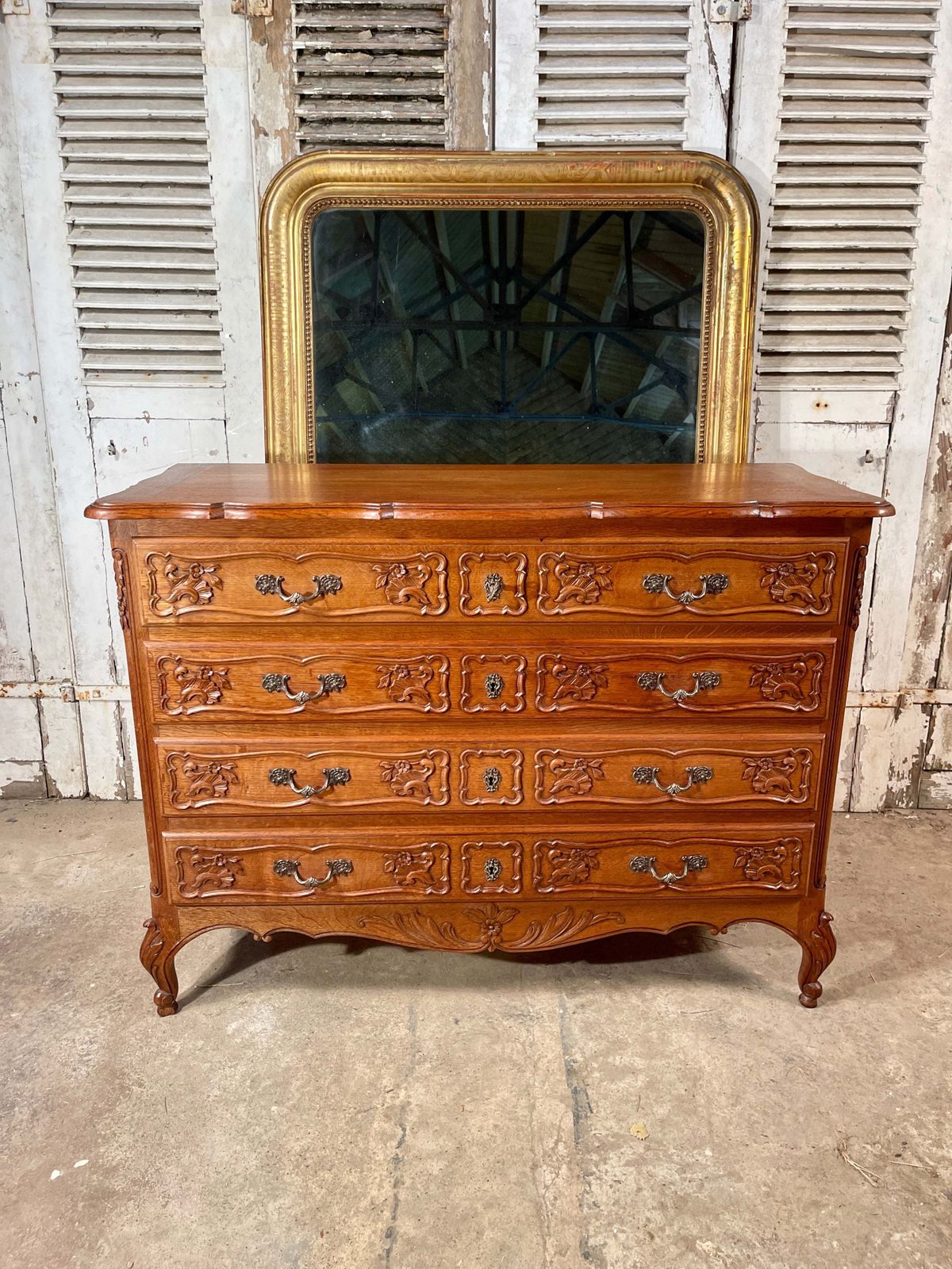 Antique French Carved Oak Serpentine Topped Commode Chest Drawers