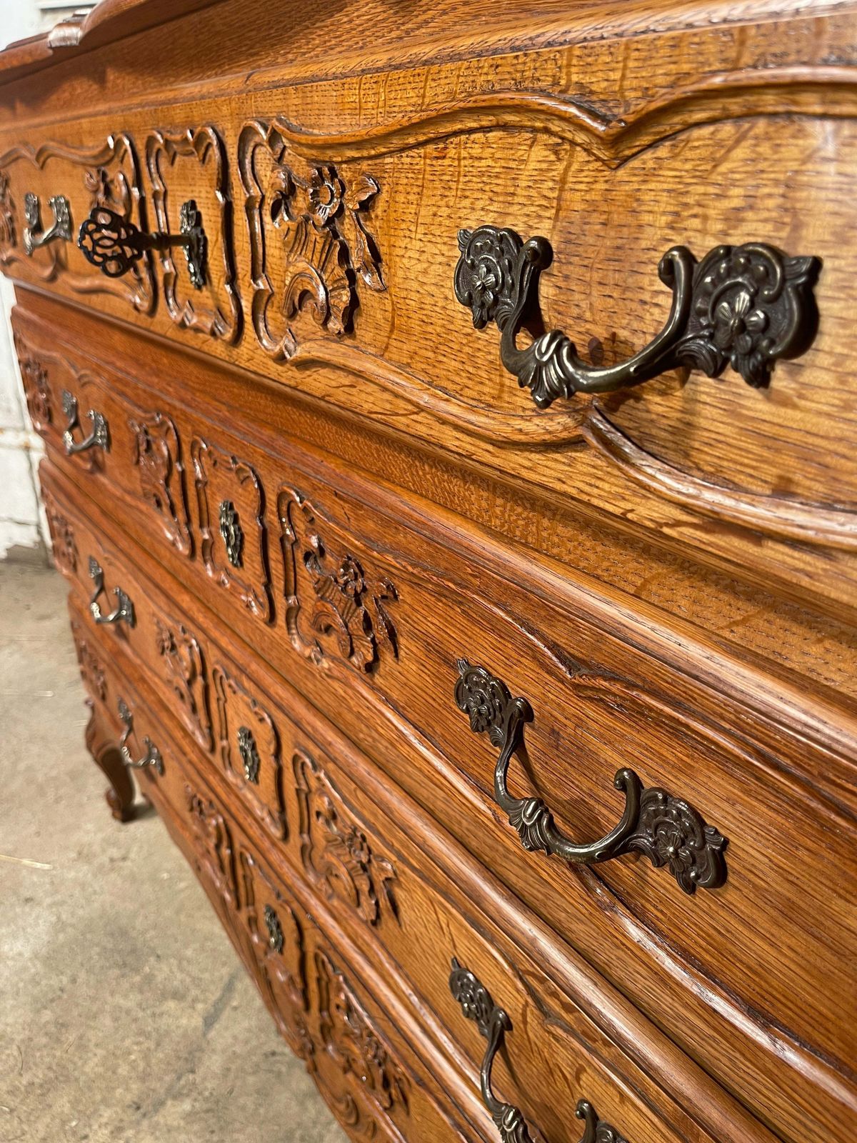 Antique French Carved Oak Serpentine Topped Commode Chest Drawers photo furniture