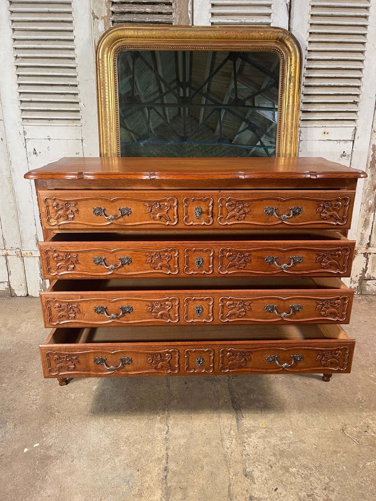 Antique French Carved Oak Serpentine Topped Commode Chest Drawers photo for sale