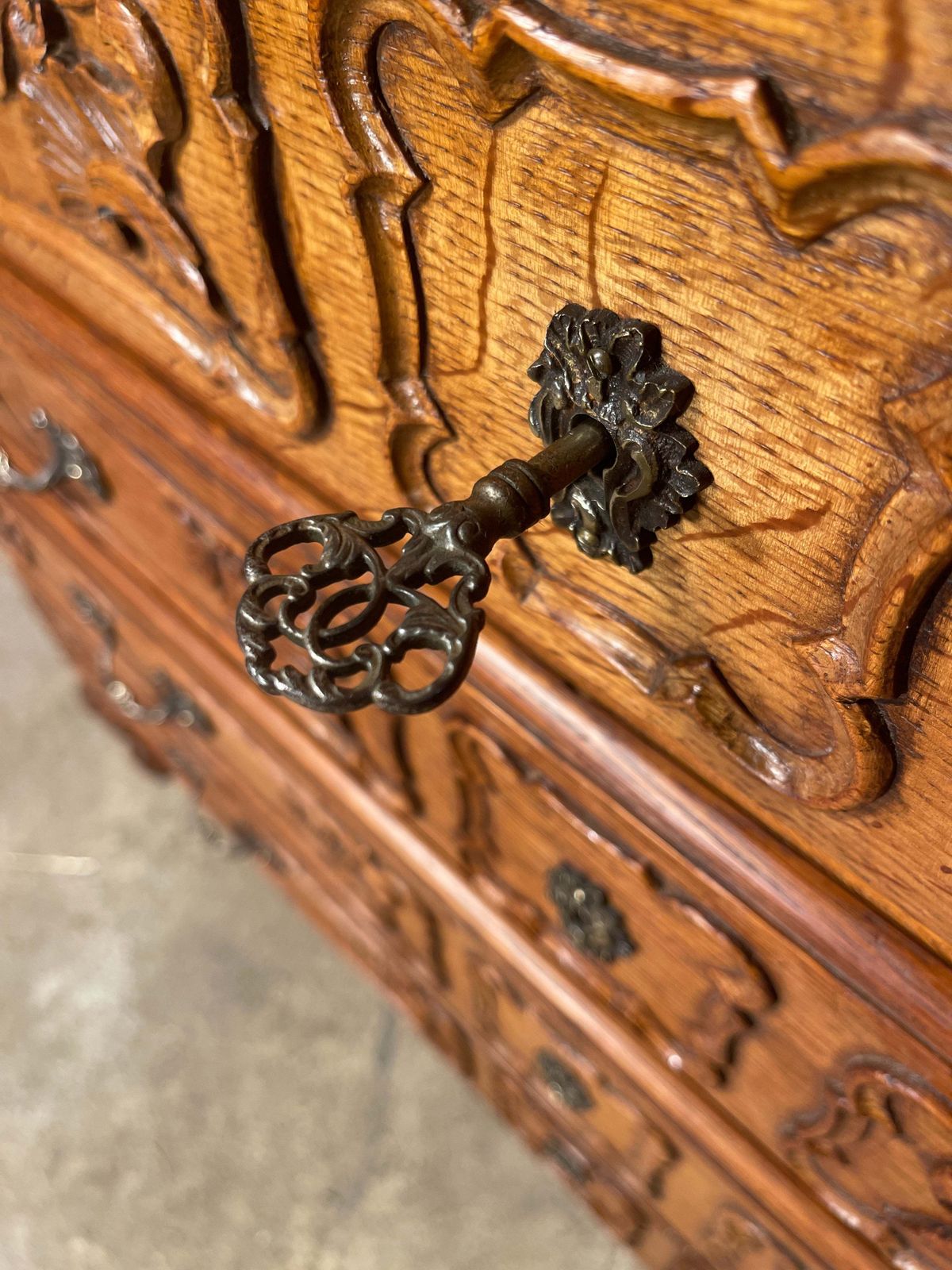 Antique French Carved Oak Serpentine Topped Commode Chest Drawers photo Furniture