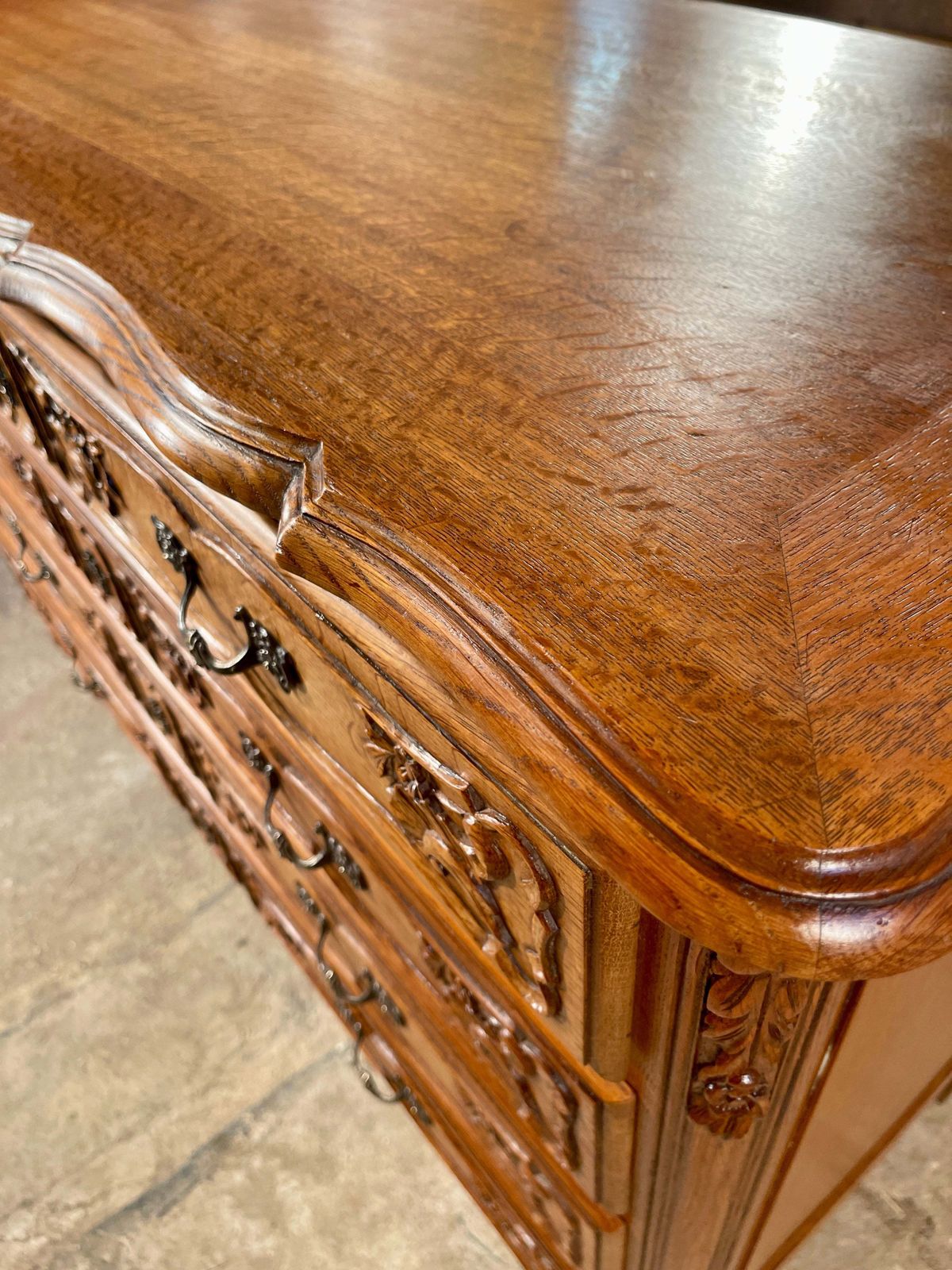 photo for sale Antique French Carved Oak Serpentine Topped Commode Chest Drawers