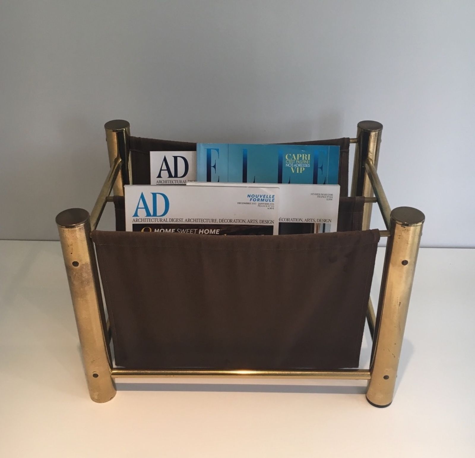 Gilt Metal And Fabric Magazine Rack photo furniture