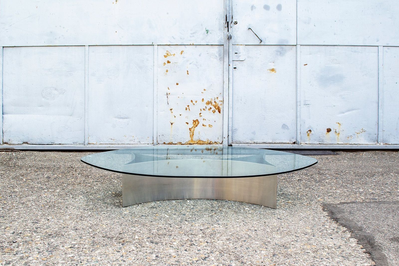 Brutalist Coffee Table With Steel Base And Glass Top, Italy, 1970s photo for sale