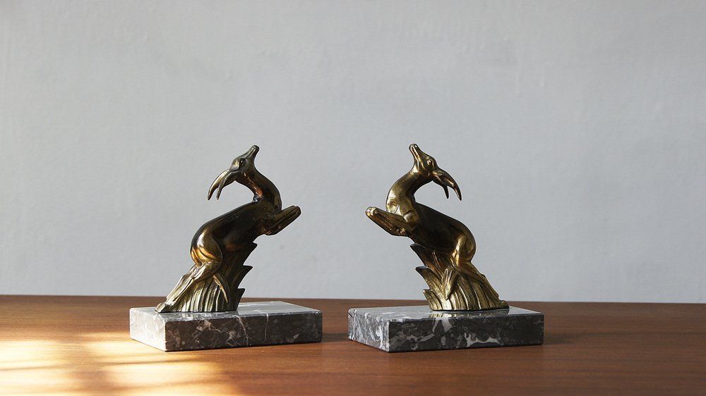 Art Deco Antelope Bookends On Marble Bases, France, 1930s, Set Of 2