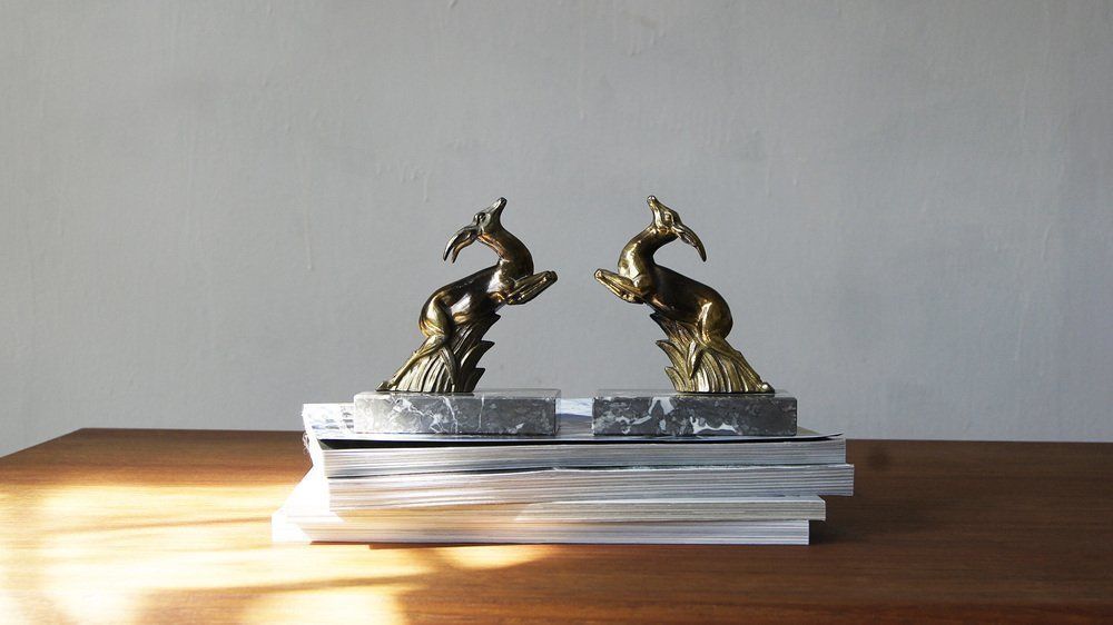 Art Deco Antelope Bookends On Marble Bases, France, 1930s, Set Of 2 photo for sale