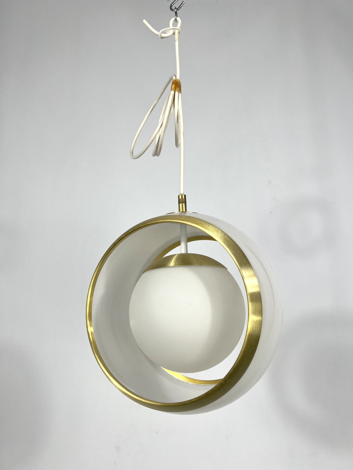 photo furniture Stilux Milano, Gilded Aluminum, Opaline And Perspex Pendant. Italy 1960s
