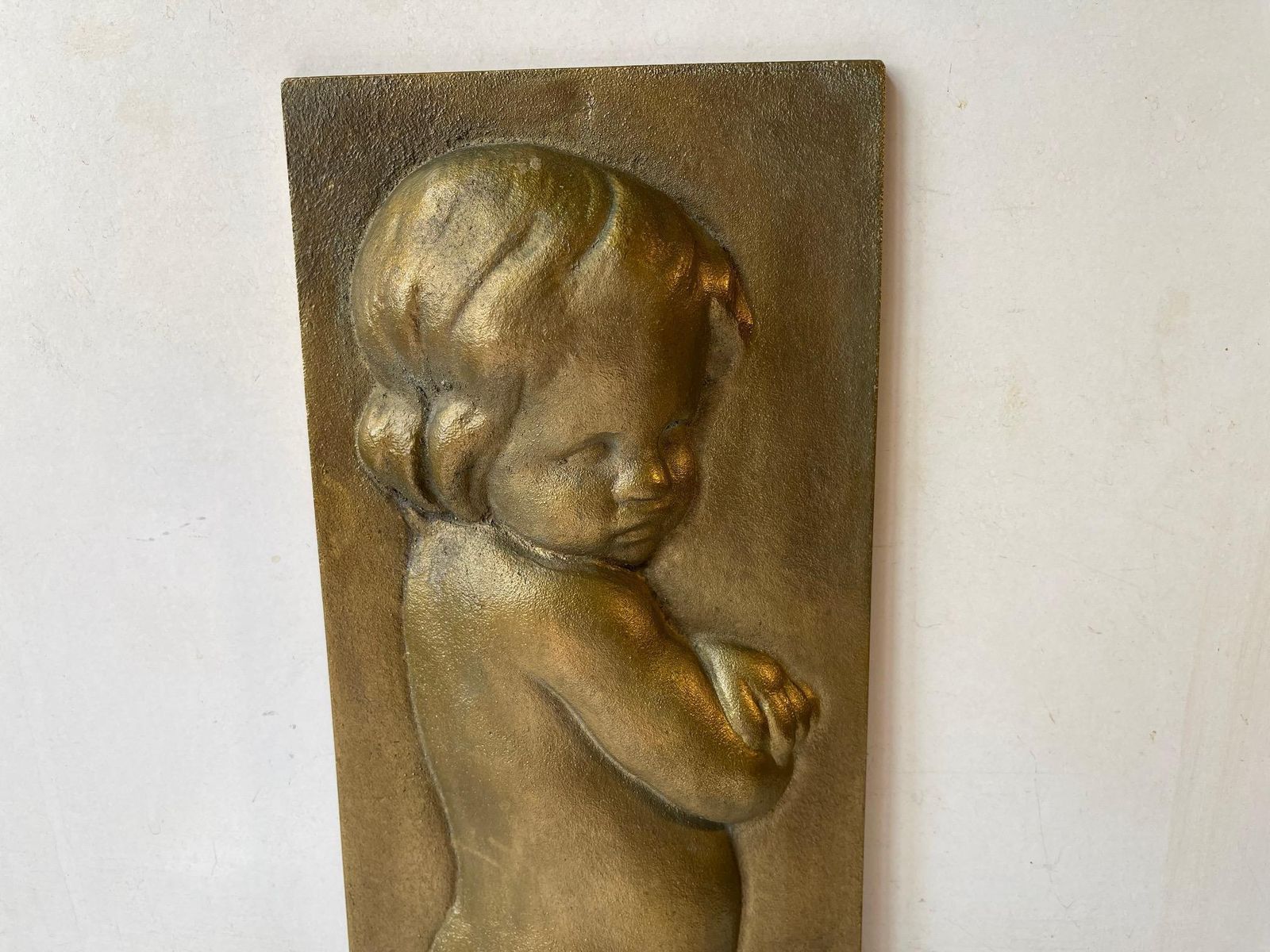 Bronze Relief Wall Plaque Of Infant Girl, Scandinavian, 1930s photo Art