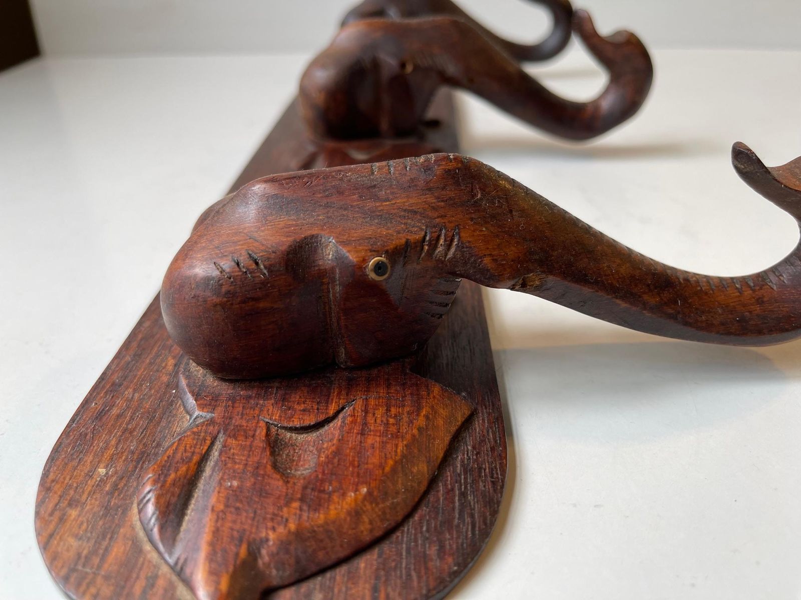 photo for sale Hand Carved Elephant Coat Or Towel Rack In Dark Wood, 1930s