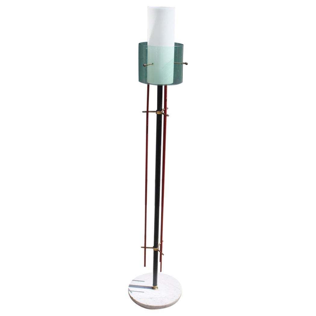 Mid Century Italian Floor Lamp Brass Glass And Plexiglass Red Parts 1950s Stilux