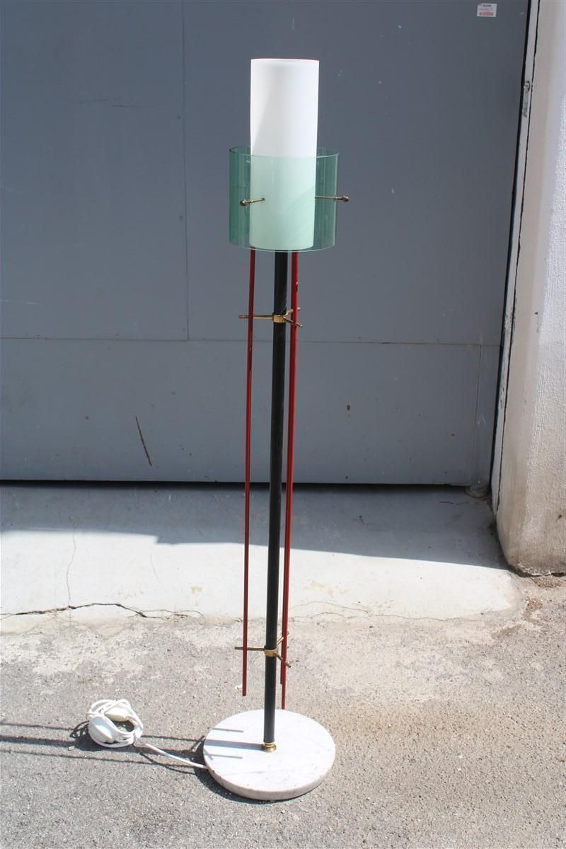 Mid Century Italian Floor Lamp Brass Glass And Plexiglass Red Parts 1950s Stilux photo furniture