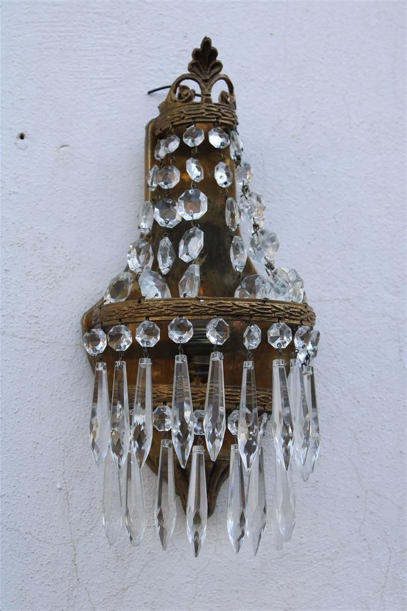 Small Pair Of French Wall Lamps In Machined Brass And 1950s Crystals Baroque photo buy