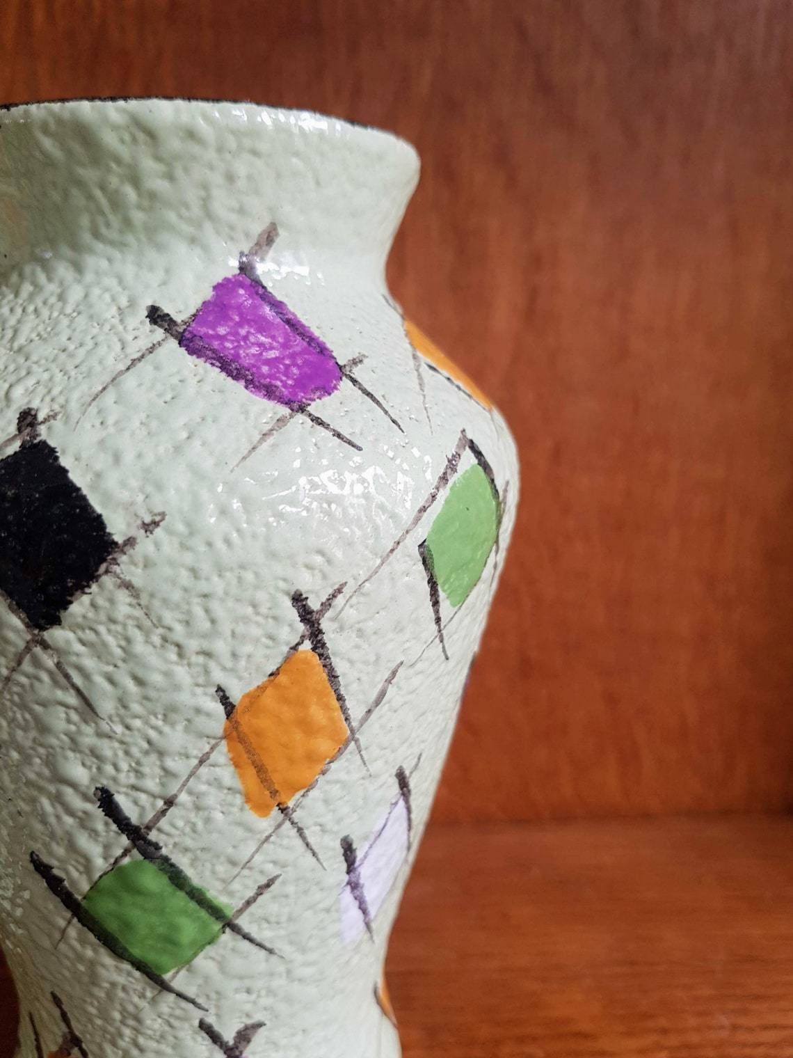 Set Of Two Vintage Fat Lava Hand Painted Ceramic Vases By Bay Keramik   West Germany   1960s photo vinterior