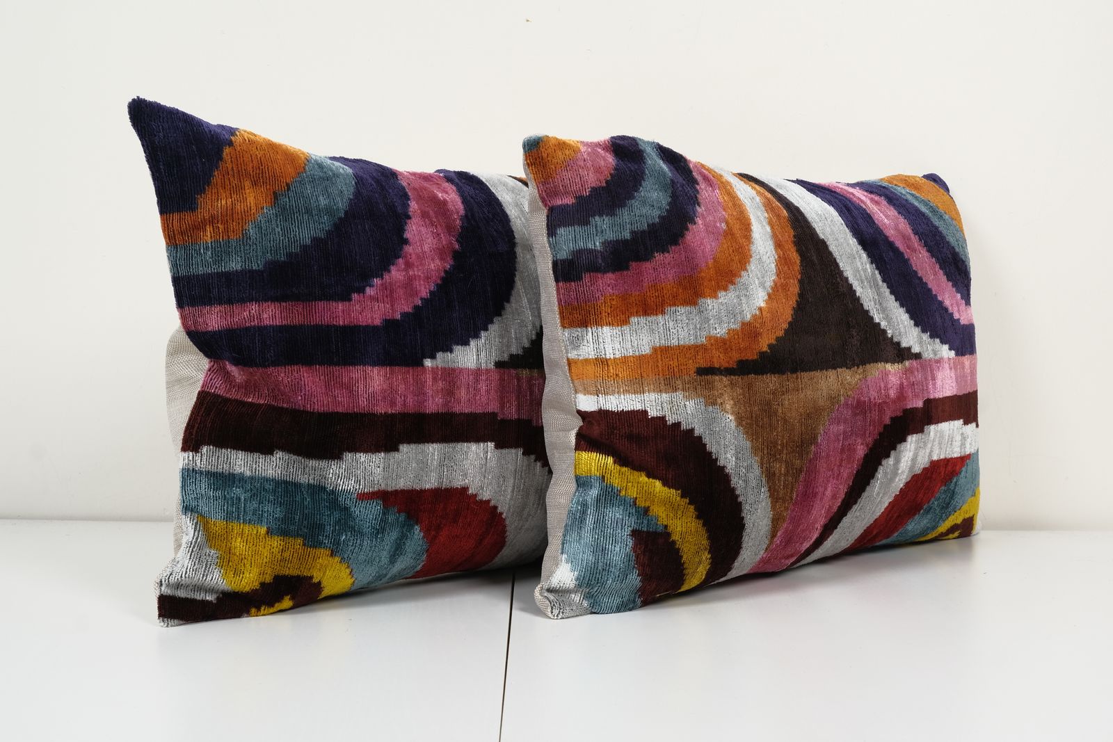 Pair Silk Ikat Velvet Pillow, Set Of Two Silk Ikat Lumbar Cushion Cover photo 103.0