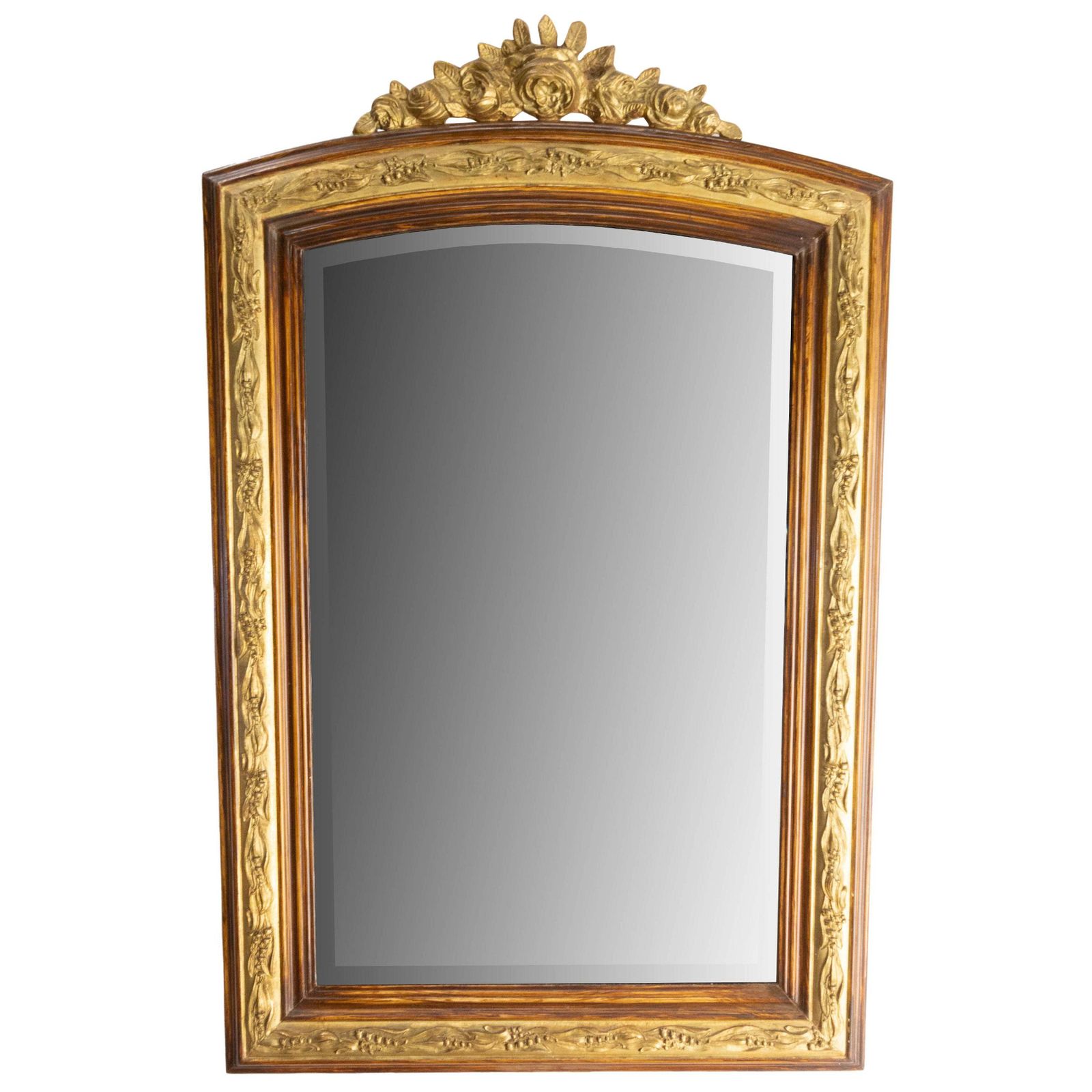 French Stucco Wall Beveled Mirror Imitation Wood And Gilding, Circa 1920