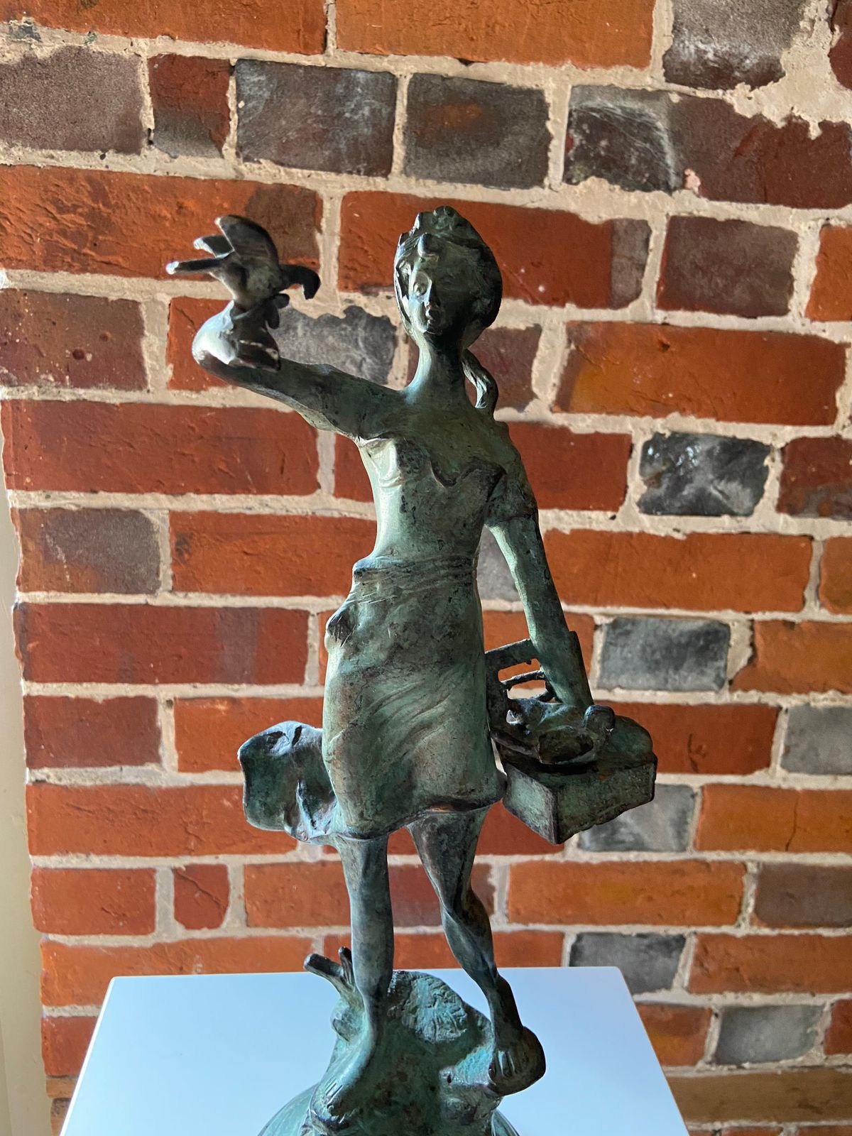 Mid Century Verdigris Bronze Figure Of A Girl Releasing Doves photo furniture