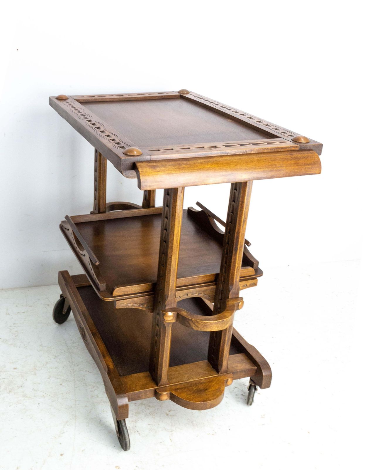 Poplar Cart Drinks Cocktail Table Trolley Three Trays On Wheels, France C. 1940 photo 1204.45