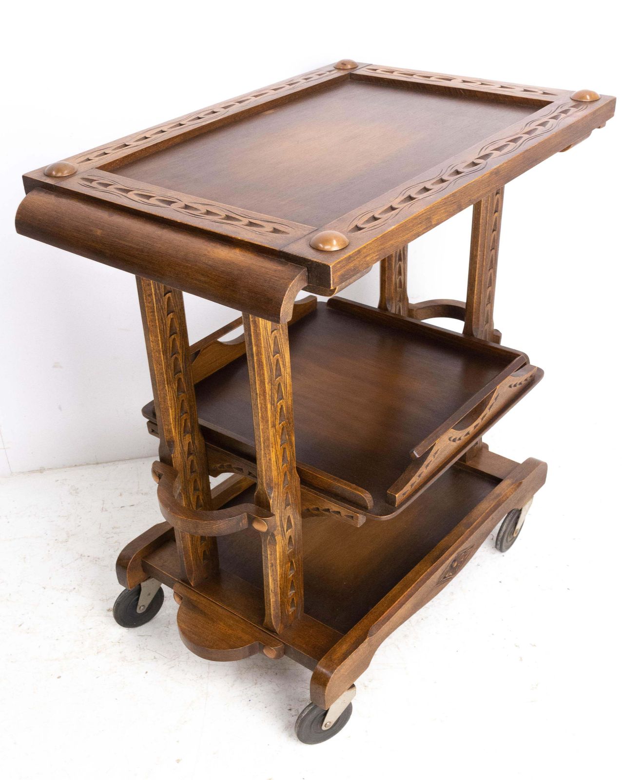 Poplar Cart Drinks Cocktail Table Trolley Three Trays On Wheels, France C. 1940 photo vinterior