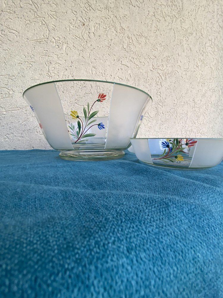 Hand Painted Flower Patterned Glass Bowls, Hungary, 1950s, Set Of 7 photo Home Decor