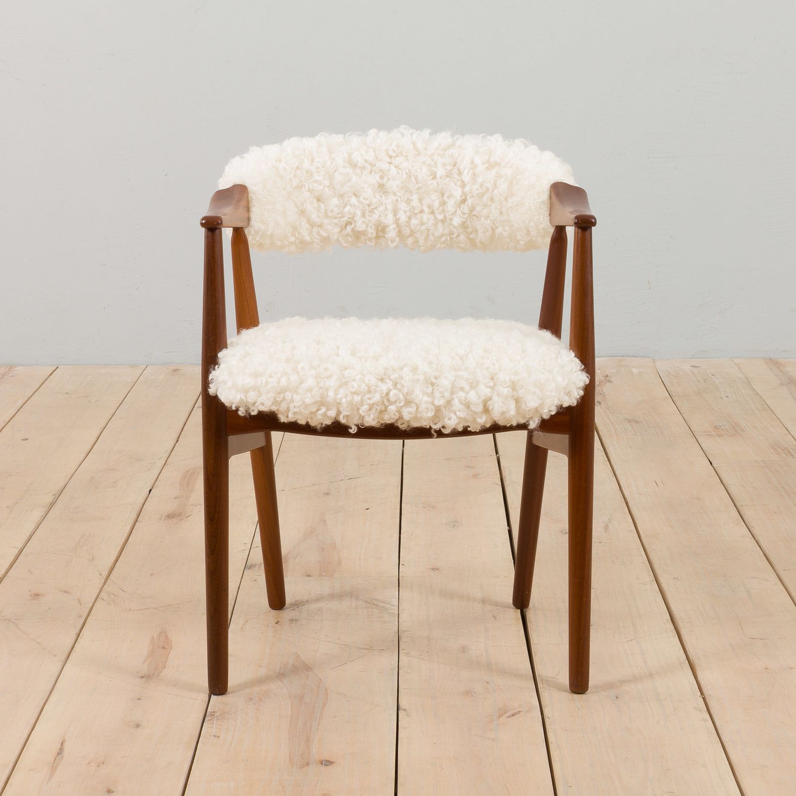 Th. Herlev, Farstrup Solid Teak Chair In Natural Sheepskin Upholstery, Denmark 1960s. photo furniture