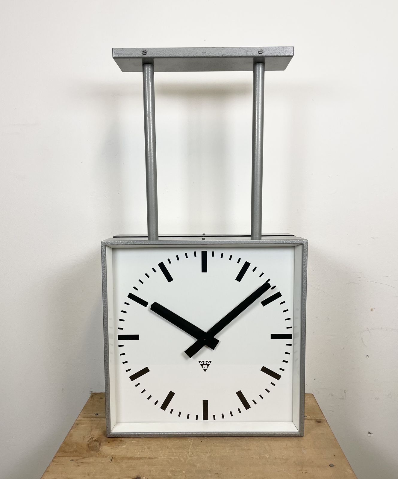 Large Square Industrial Double Sided Factory Clock From Pragotron, 1960s photo furniture