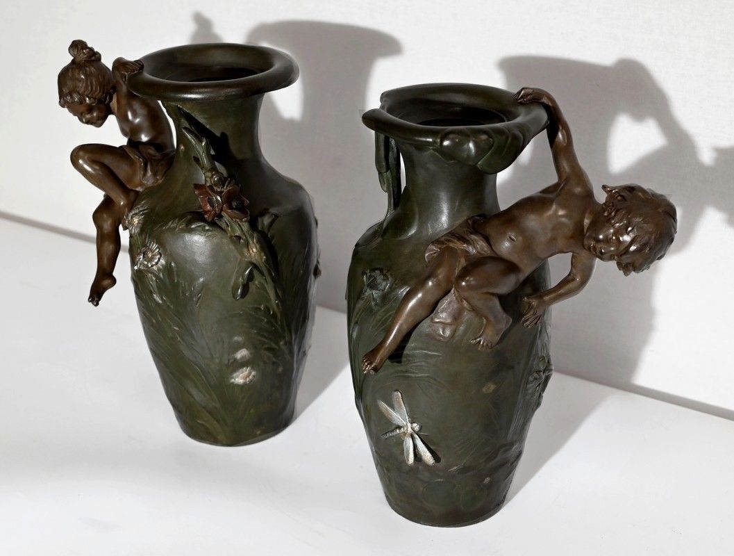 Pair Of Spelter Vases, A. Moreau – Late 19th Century photo for sale