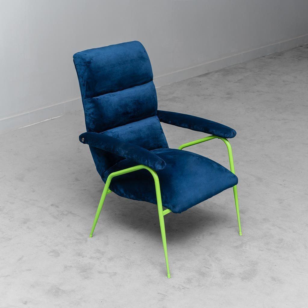 Modern Vintage 60s Blue Green Metal Velvet Armchair