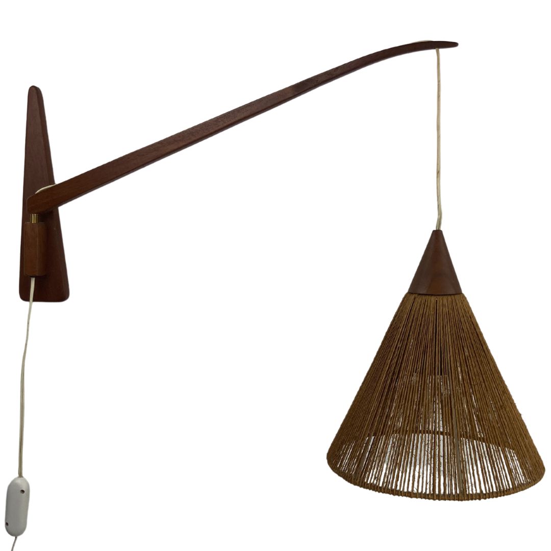 photo vintage Pair Of Teak Sisal And Brass Arc Swing Wall Lamps By Temde, Switzerland 1960s