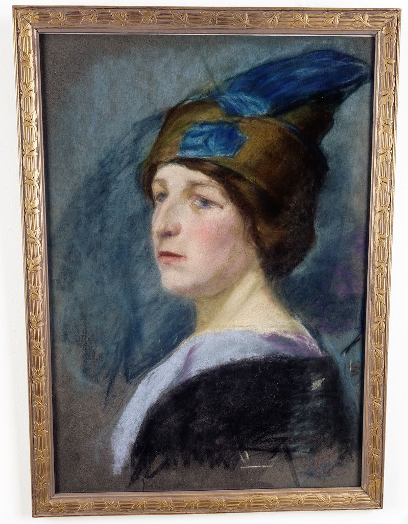 A Large Pastel Portrait On Paper Of A Serene Lady Wearing A Hat photo furniture