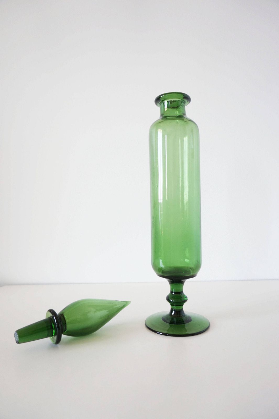 photo furniture Vintage Italian Glassware, Bottle Or Decanter Made Of Green Blown Glass Empoli