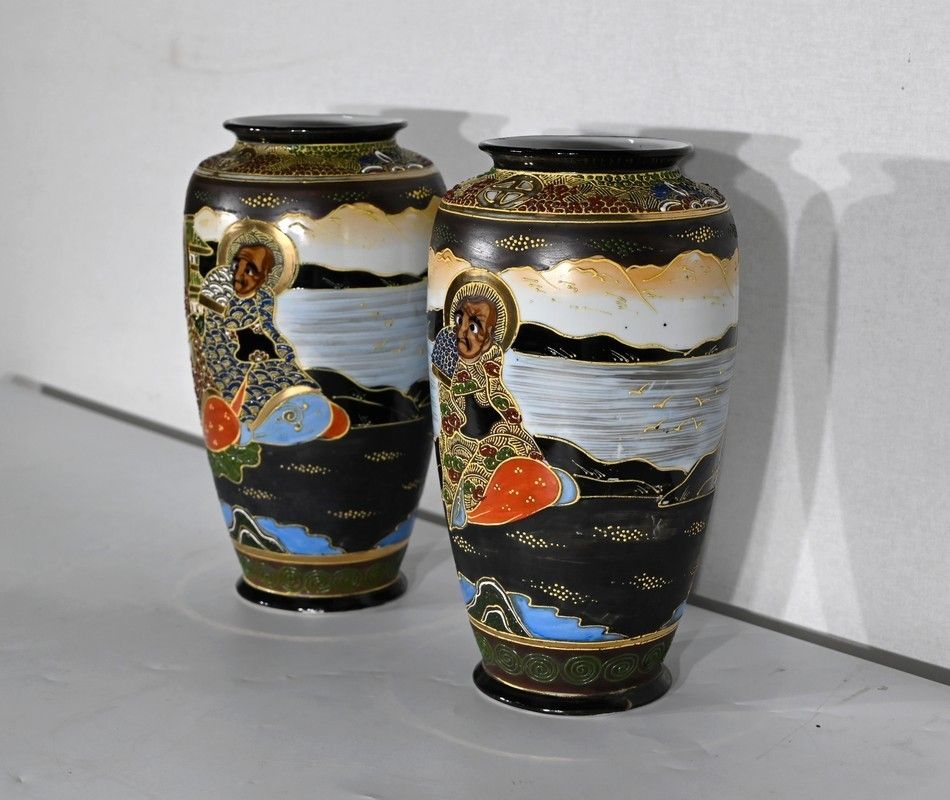 Pair Of Japanese Porcelain Satsuma Vases   Early 20th Century photo for sale